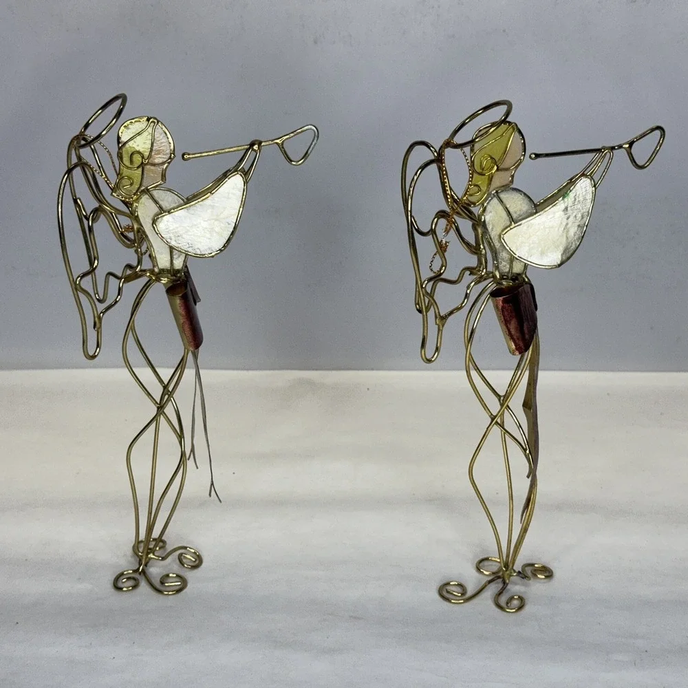 2‎ VTG. Stained Glass & Brass Color Angel Trumpet Free Standing Or Hang On Tree!